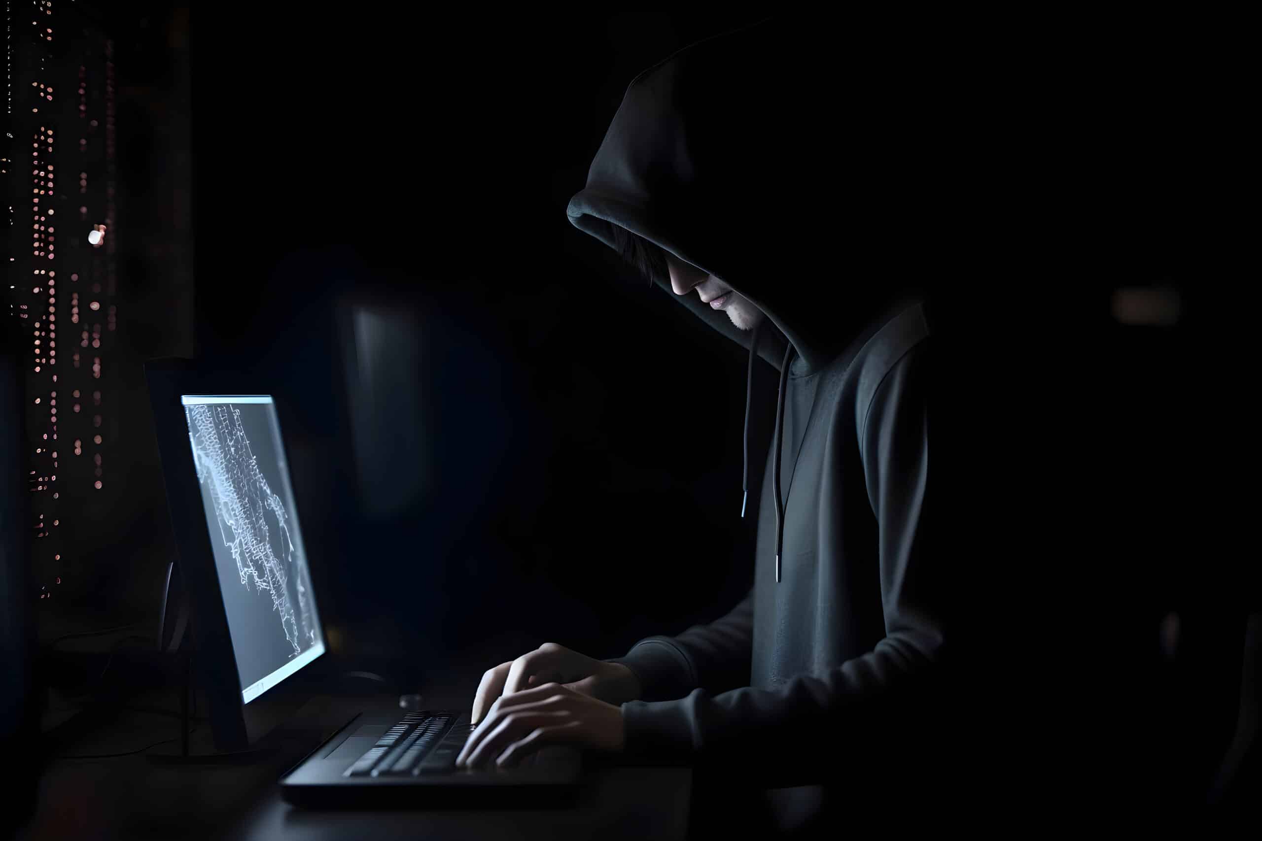 Hooded hacker stealing data from a computer. Dark background.