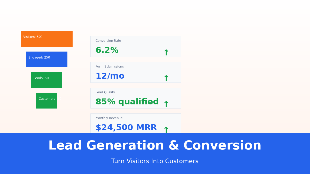 Website conversion funnel diagram showing progression from 500 visitors to 250 engaged to 50 leads to 10 customers, with dashboard metrics showing 6.2% conversion rate