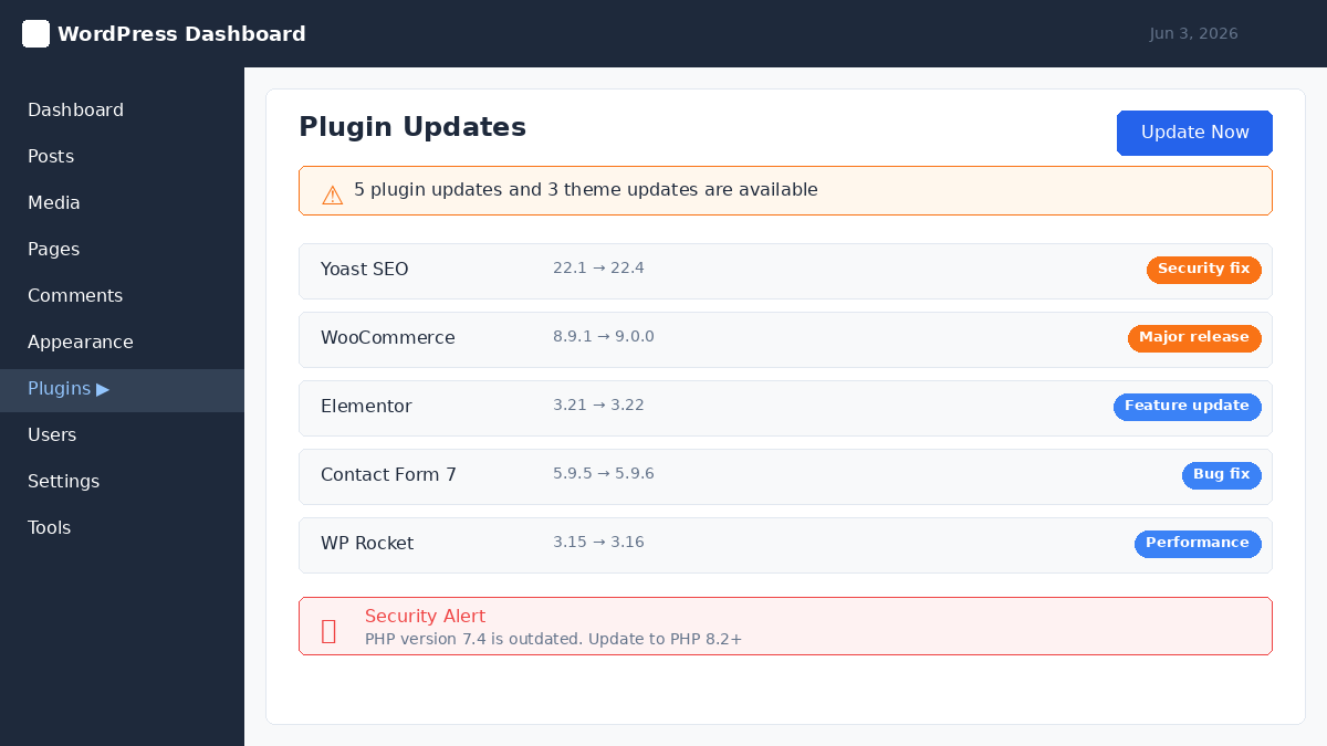 WordPress dashboard showing pending plugin and theme updates that require website maintenance